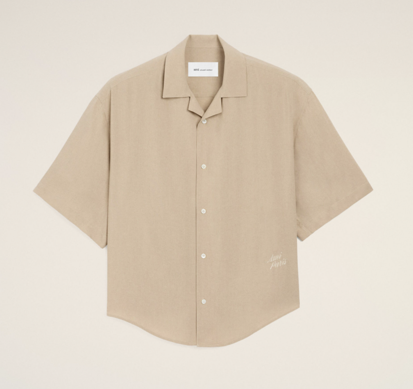 AMI Paris Short Sleeve Embroidered AMI Paris Boxy Shirt White Coffee