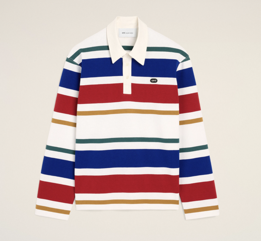 AMI Paris Multicolor Striped Polo With AMI Patch White/Blue/Red