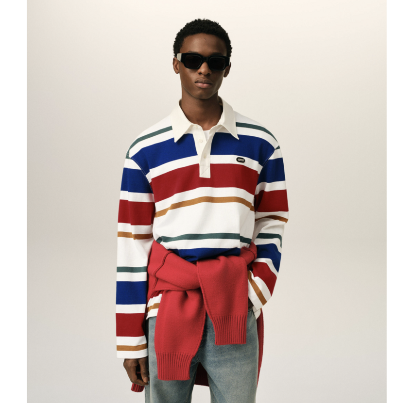 AMI Paris Multicolor Striped Polo With AMI Patch White/Blue/Red