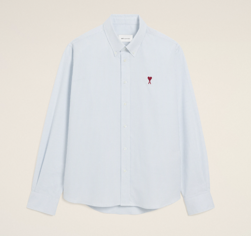 AMI Paris Striped Shirt With AMI De Coeur Sky Blue/Natural White