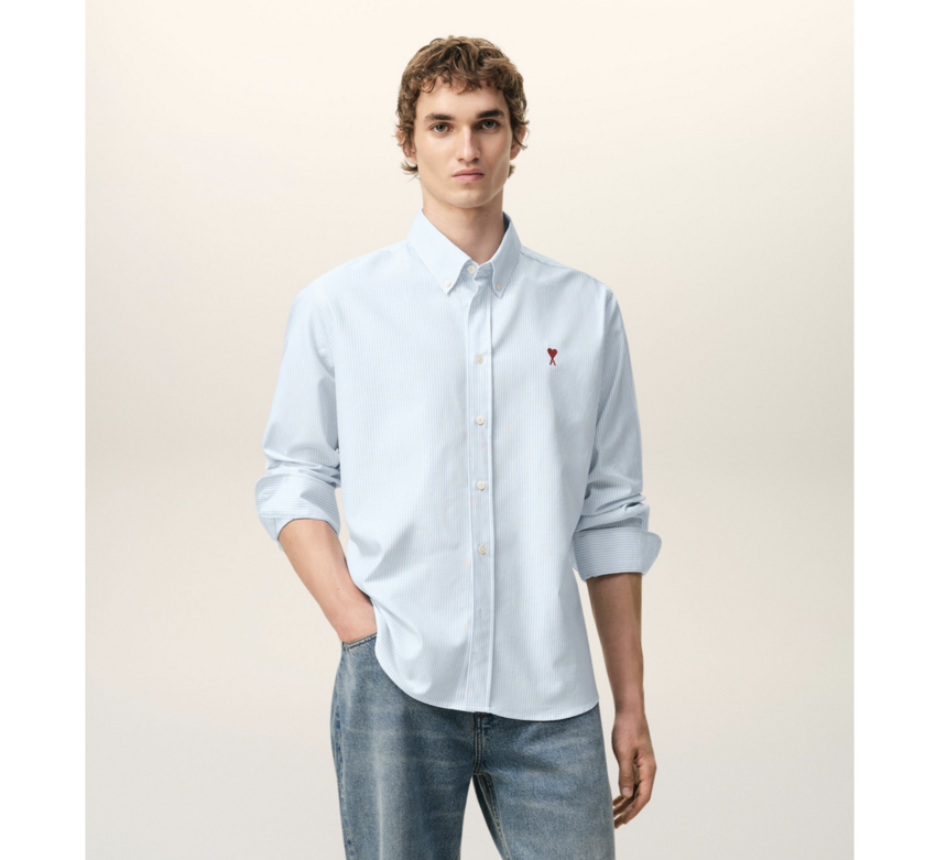 AMI Paris Striped Shirt With AMI De Coeur Sky Blue/Natural White