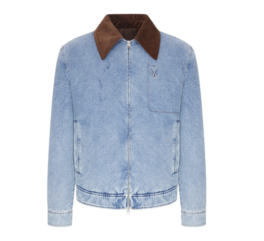 AMI Paris Zipped Denim Jacket With Velvet Collar Used Blue