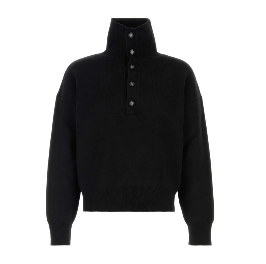 AMI Paris High Buttoned Collar Knitted Sweater Black