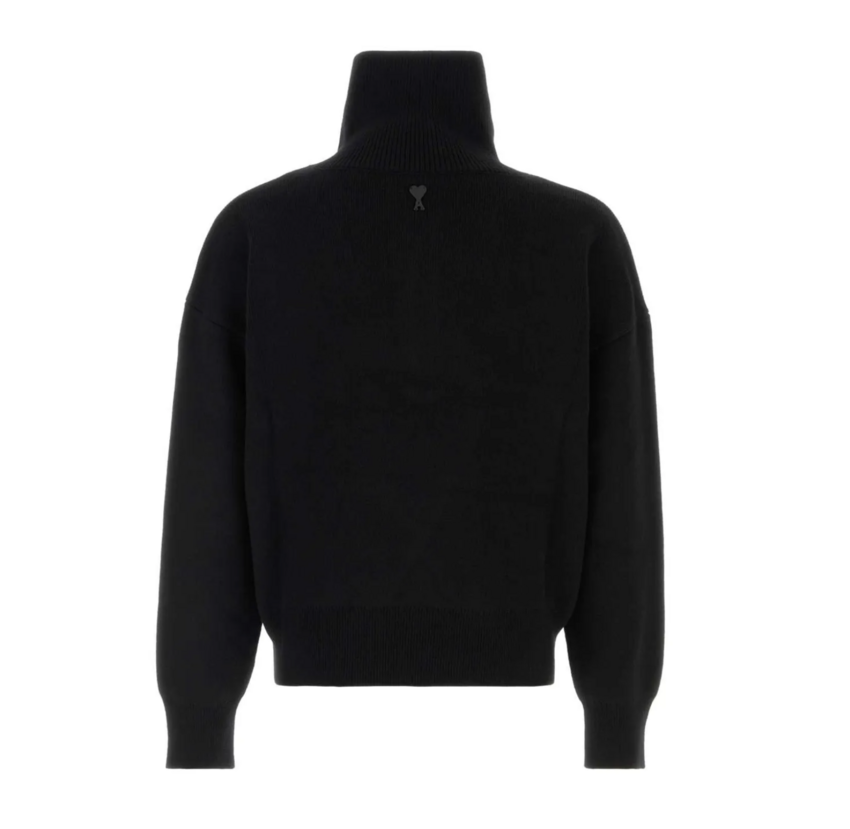 AMI Paris High Buttoned Collar Knitted Sweater Black