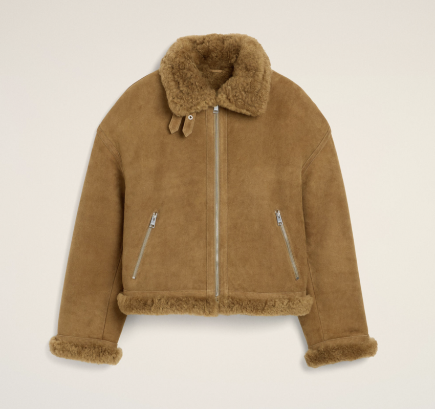 AMI Paris Sheep Shearling Aviator Jacket Mastic Beige