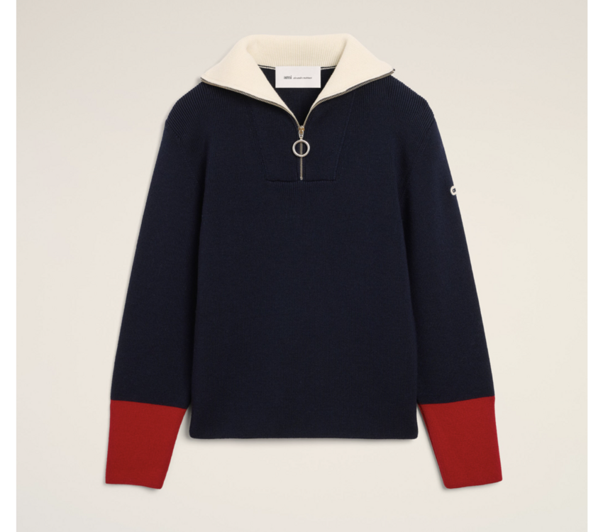 AMI Paris Zipped Collar Wool Sweater Navy