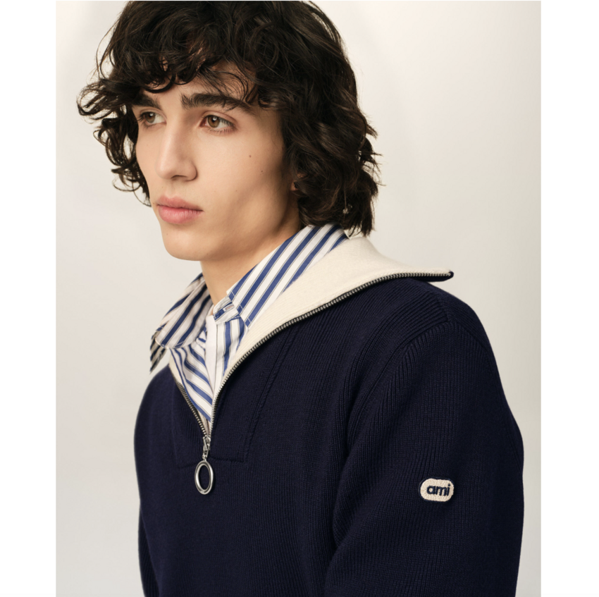 AMI Paris Zipped Collar Wool Sweater Navy