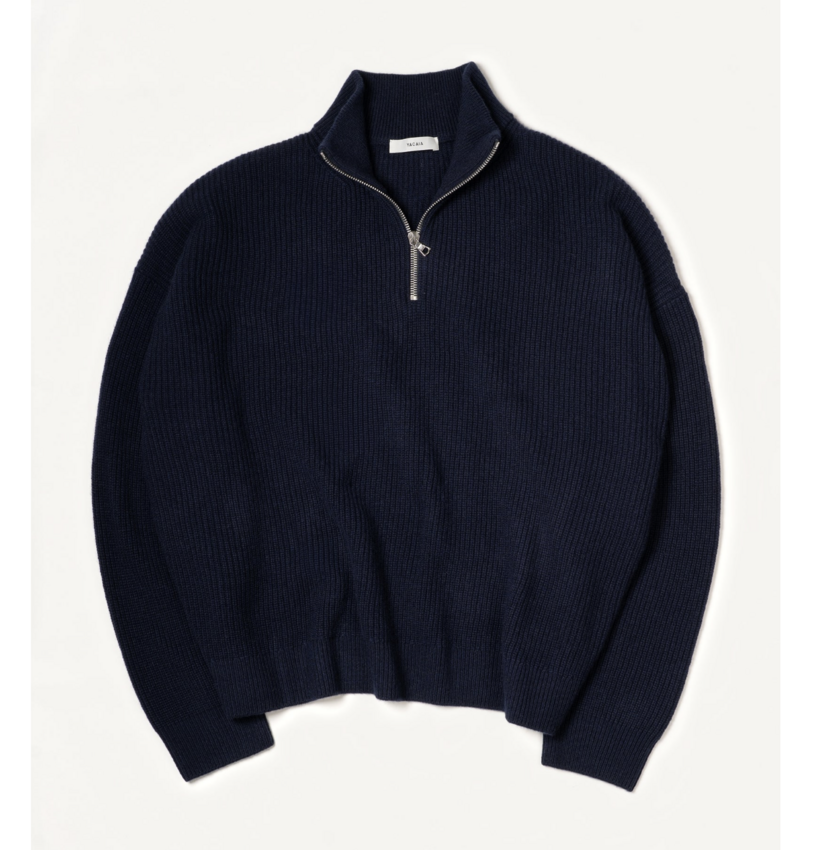 Yacaia Y0015 - Oversized Ribbed Half-Zip Merino Cashmere Sweater Navy
