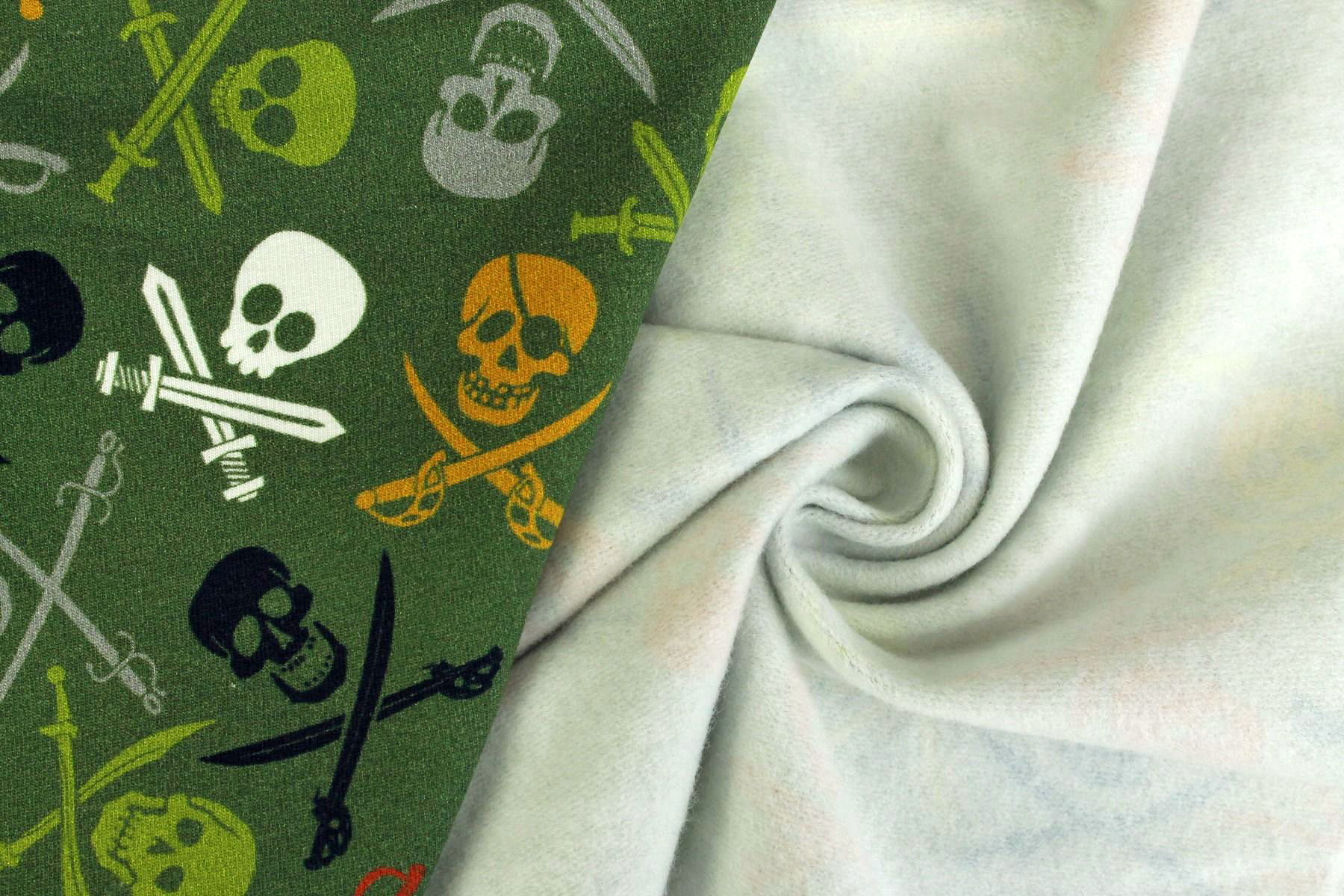 French Terry Brushed Pirate Skulls Army