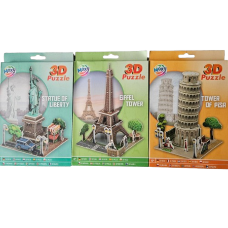 3D Puzzel 24x15cm Pisa, Vrijheidsbeeld, Eiffeltoren