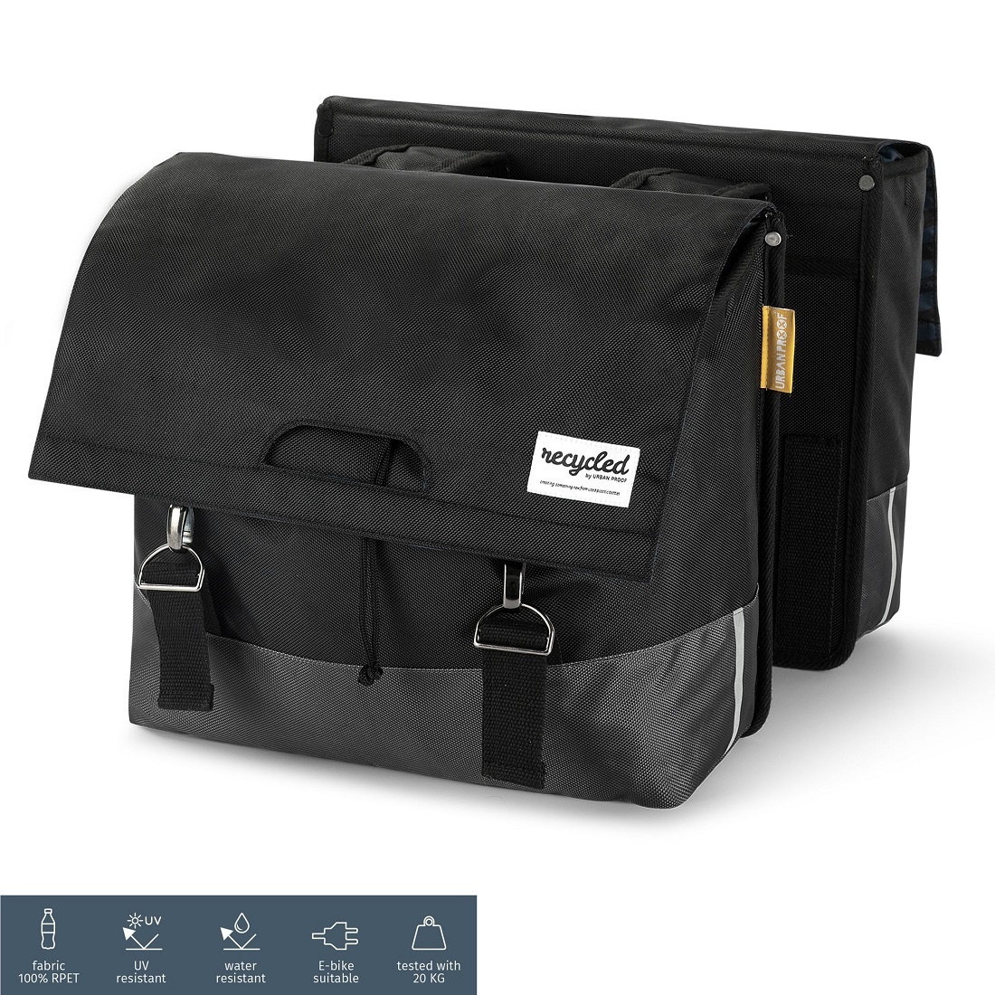 Dubbele fietstas 55L Recycled - Zwart/Grijs