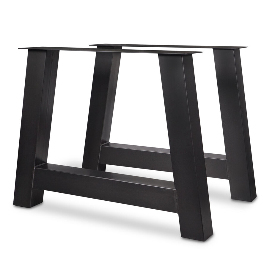 Zwarte A-poten (set) - staal / ijzer - 10x10 cm - hoogte: 72 cm - breedte (montageplaat): 78 cm - breedte (onderzijde): 95 cm - tafelpoot metaal zwart gecoat Zwarte A-poten (set) - staal / ijzer - 10x10 cm - hoogte: 72 cm - breedte (montageplaat): 78 cm - breedte (onderzijde): 95 cm - tafelpoot metaal zwart gecoat