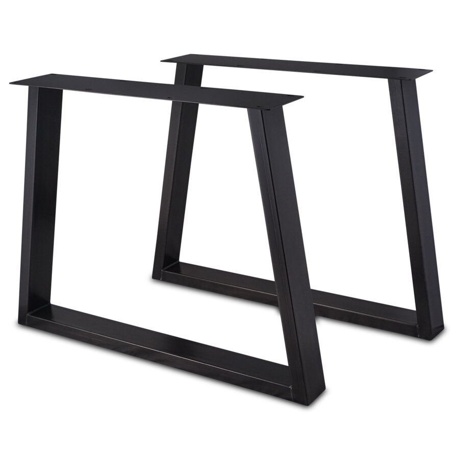 Zwarte trapezium poten (set) - staal / ijzer - 4x10 cm - hoogte: 72 cm - breedte (montageplaat): 78 cm - breedte (onderzijde): 95 cm - tafelpoot metaal zwart gecoat Zwarte trapezium poten (set) - staal / ijzer - 4x10 cm - hoogte: 72 cm - breedte (montageplaat): 78 cm - breedte (onderzijde): 95 cm - tafelpoot metaal zwart gecoat