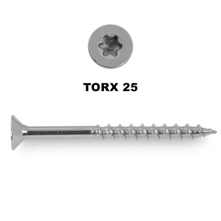 Universele houtschroeven RVS - 5 mm - gehard RVS - torx 25 - schroeven voor hardhout en tuinhout - grove spoed - met snijpunt - 200 stuks - diverse lengtes