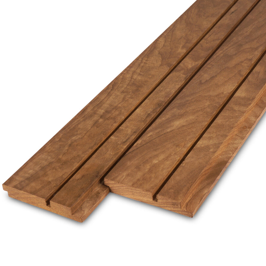 Thermo fraké dubbel blokprofiel (70/30) - 21x125 mm - geschaafd - blokprofiel - thermisch gemodificeerd frake hout KD 8-12% Thermo fraké dubbel blokprofiel (70/30) - 21x125 mm - geschaafd - blokprofiel - thermisch gemodificeerd frake hout KD 8-12%