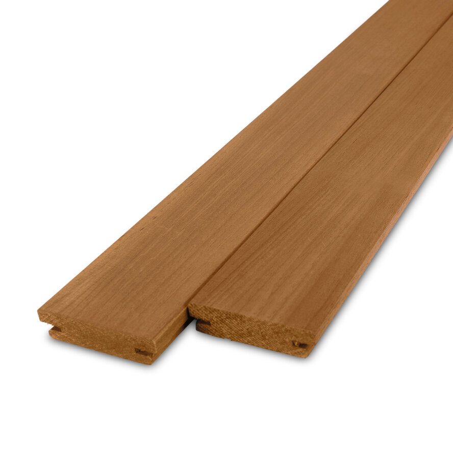 Thermo ayous B-fix plank - 21x88 mm - geschaafd - B-fix rabat- & vlonderplank - thermisch gemodificeerd ayous hout KD 8-12% Thermo ayous B-fix plank - 21x88 mm - geschaafd - B-fix rabat- & vlonderplank - thermisch gemodificeerd ayous hout KD 8-12%