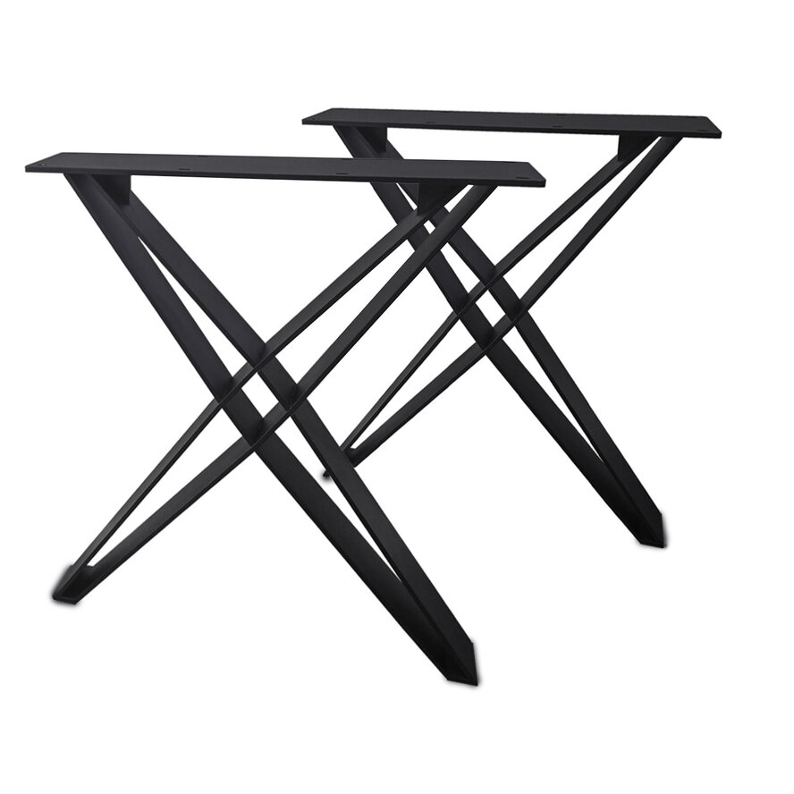 Zwarte X-poten (set) - staal / ijzer - 1x9 cm - hoogte: 72 cm - breedte (montageplaat): 84 cm - tafelpoot metaal zwart gecoat Zwarte X-poten (set) - staal / ijzer - 1x9 cm - hoogte: 72 cm - breedte (montageplaat): 84 cm - tafelpoot metaal zwart gecoat