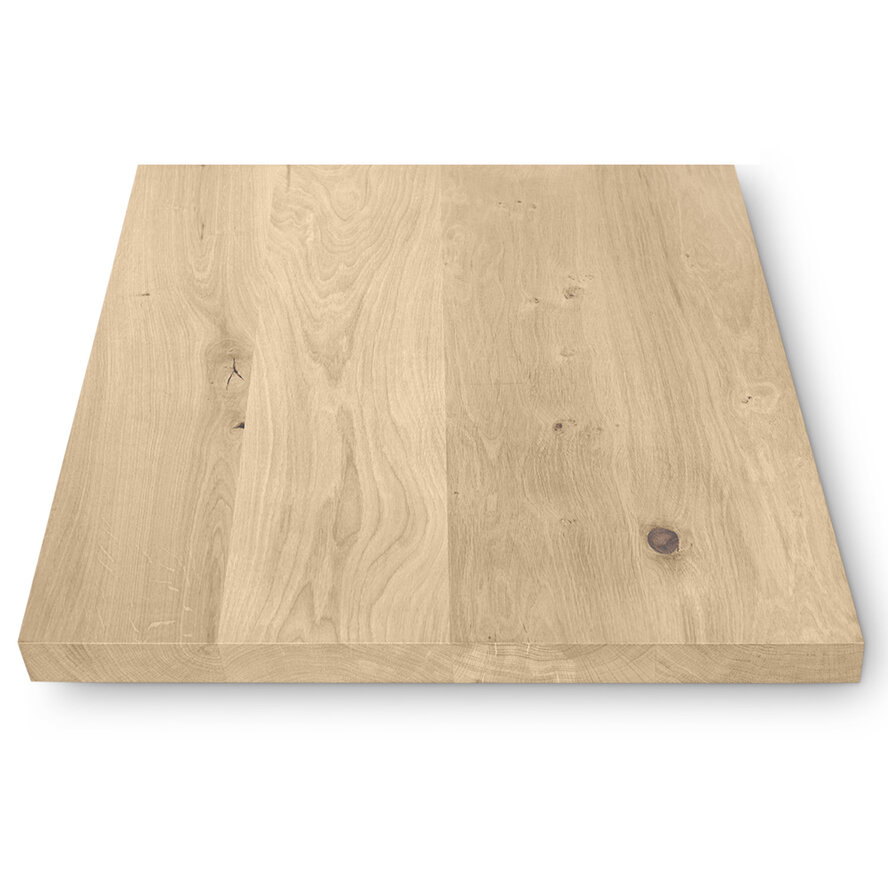 Eiken (horeca) tafelblad - diverse (kleinere) afmetingen - rustiek eikenhout - 4 cm dik (1 laag massief) - 8-12% KD - voor binnen Eiken (horeca) tafelblad - diverse (kleinere) afmetingen - rustiek eikenhout - 4 cm dik (1 laag massief) - 8-12% KD - voor binnen