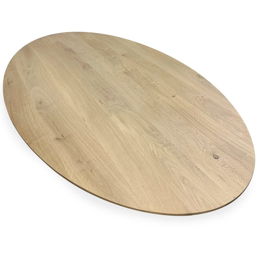 Eiken ellips tafelblad - diverse (vaste) afmetingen - rustiek eikenhout - 4 cm dik (1 laag massief) - 8-12% KD - voor binnen Eiken ellips tafelblad - diverse (vaste) afmetingen - rustiek eikenhout - 4 cm dik (1 laag massief) - 8-12% KD - voor binnen
