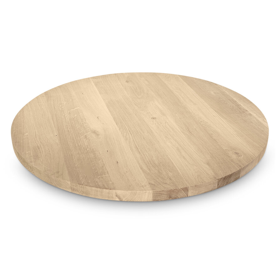 Eiken rond tafelblad - diverse afmetingen - rustiek eikenhout - 4 cm dik (1 laag massief) - 8-12% KD - voor binnen Eiken rond tafelblad - diverse afmetingen - rustiek eikenhout - 4 cm dik (1 laag massief) - 8-12% KD - voor binnen