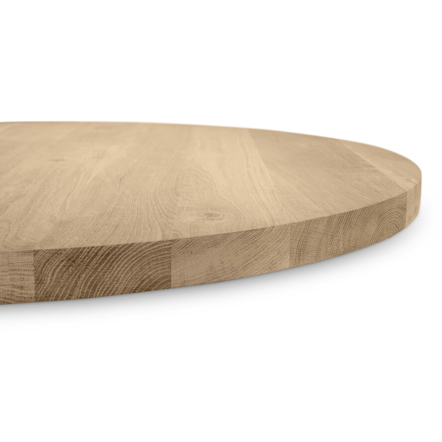Eiken rond tafelblad - diverse afmetingen - rustiek eikenhout - 4 cm dik (1 laag massief) - 8-12% KD - voor binnen Eiken rond tafelblad - diverse afmetingen - rustiek eikenhout - 4 cm dik (1 laag massief) - 8-12% KD - voor binnen