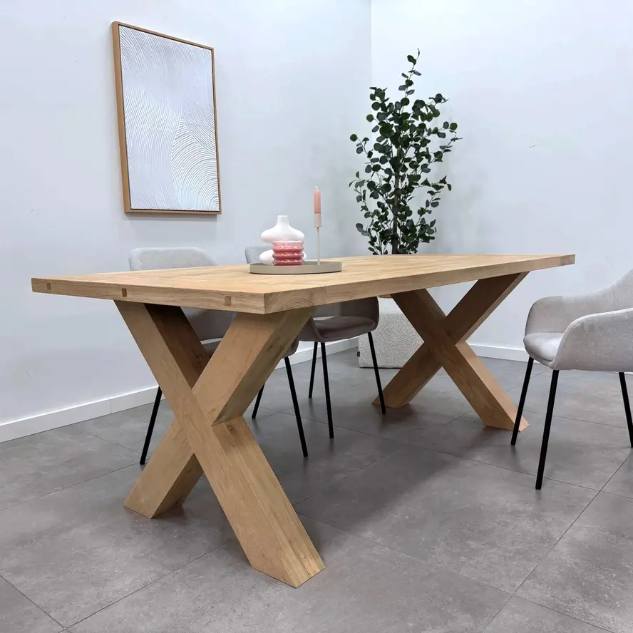 Eiken kruispoot SET (2 stuks) 12x12 cm - 72 cm hoog - 78 cm breed - Rustiek licht geborsteld - X-tafelpoot 12% KD Europees eikenhout Eiken kruispoot SET (2 stuks) 12x12 cm - 72 cm hoog - 78 cm breed - Rustiek licht geborsteld - X-tafelpoot 12% KD Europees eikenhout
