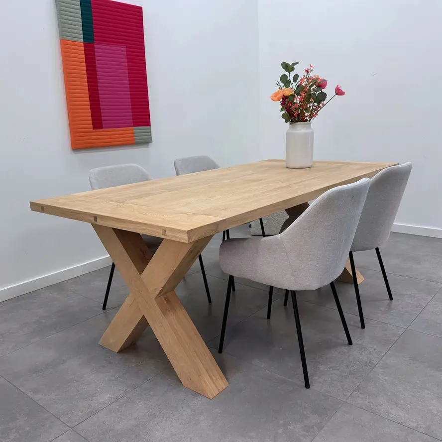 Eiken kruispoot SET (2 stuks) 12x12 cm - 72 cm hoog - 78 cm breed - Rustiek licht geborsteld - X-tafelpoot 12% KD Europees eikenhout Eiken kruispoot SET (2 stuks) 12x12 cm - 72 cm hoog - 78 cm breed - Rustiek licht geborsteld - X-tafelpoot 12% KD Europees eikenhout