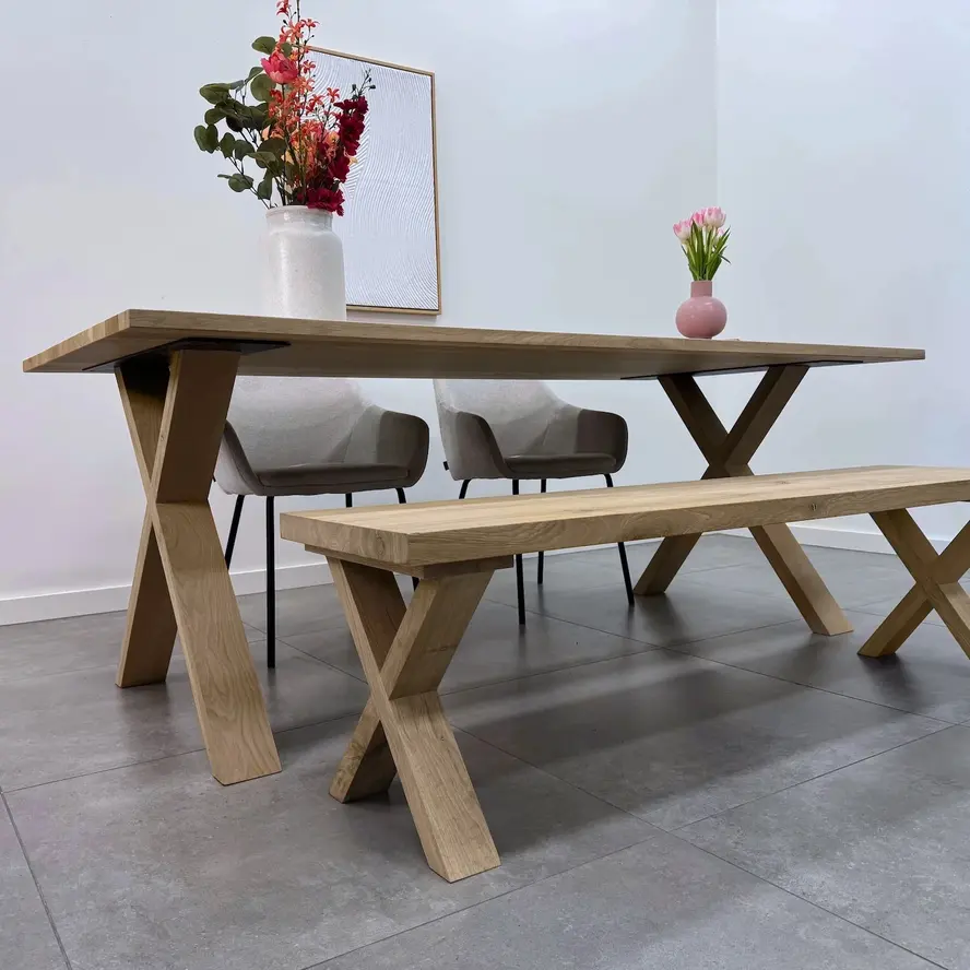 Eiken kruispoot SET (2 stuks) 10x4 cm - 72 cm hoog - 77 cm breed onderzijde - 78 cm breed bovenzijde - X-tafelpoot 12% KD Europees eikenhout Eiken kruispoot SET (2 stuks) 10x4 cm - 72 cm hoog - 77 cm breed onderzijde - 78 cm breed bovenzijde - X-tafelpoot 12% KD Europees eikenhout