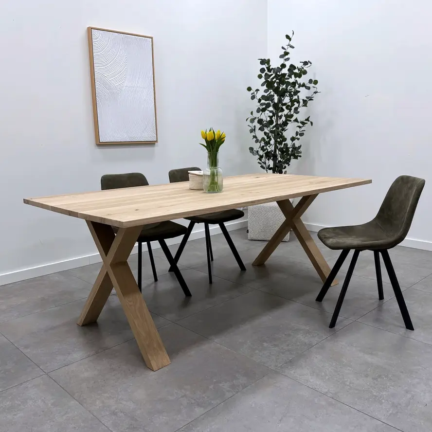 Eiken kruispoot SET (2 stuks) 10x4 cm - 72 cm hoog - 77 cm breed onderzijde - 78 cm breed bovenzijde - X-tafelpoot 12% KD Europees eikenhout Eiken kruispoot SET (2 stuks) 10x4 cm - 72 cm hoog - 77 cm breed onderzijde - 78 cm breed bovenzijde - X-tafelpoot 12% KD Europees eikenhout