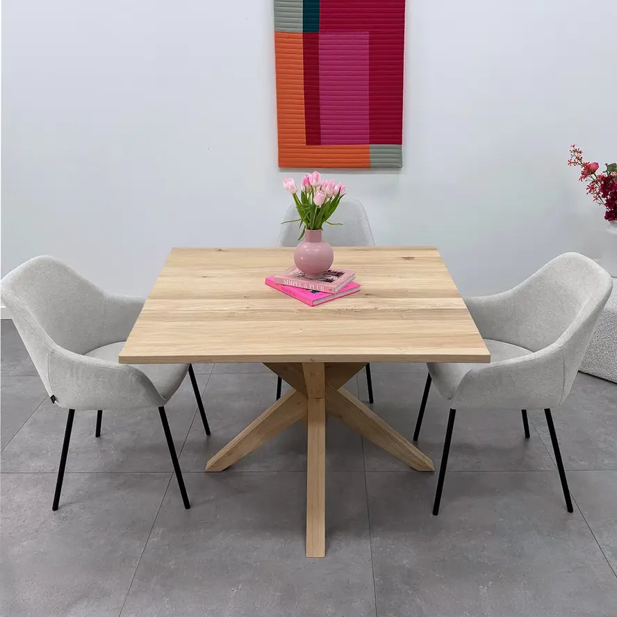 Eiken dubbele kruispoot - schuine poten - 72 cm hoog - 90x90 cm - Rustiek eiken - 3D kruis / X-poot - 12% KD Europees eikenhout Eiken dubbele kruispoot - schuine poten - 72 cm hoog - 90x90 cm - Rustiek eiken - 3D kruis / X-poot - 12% KD Europees eikenhout