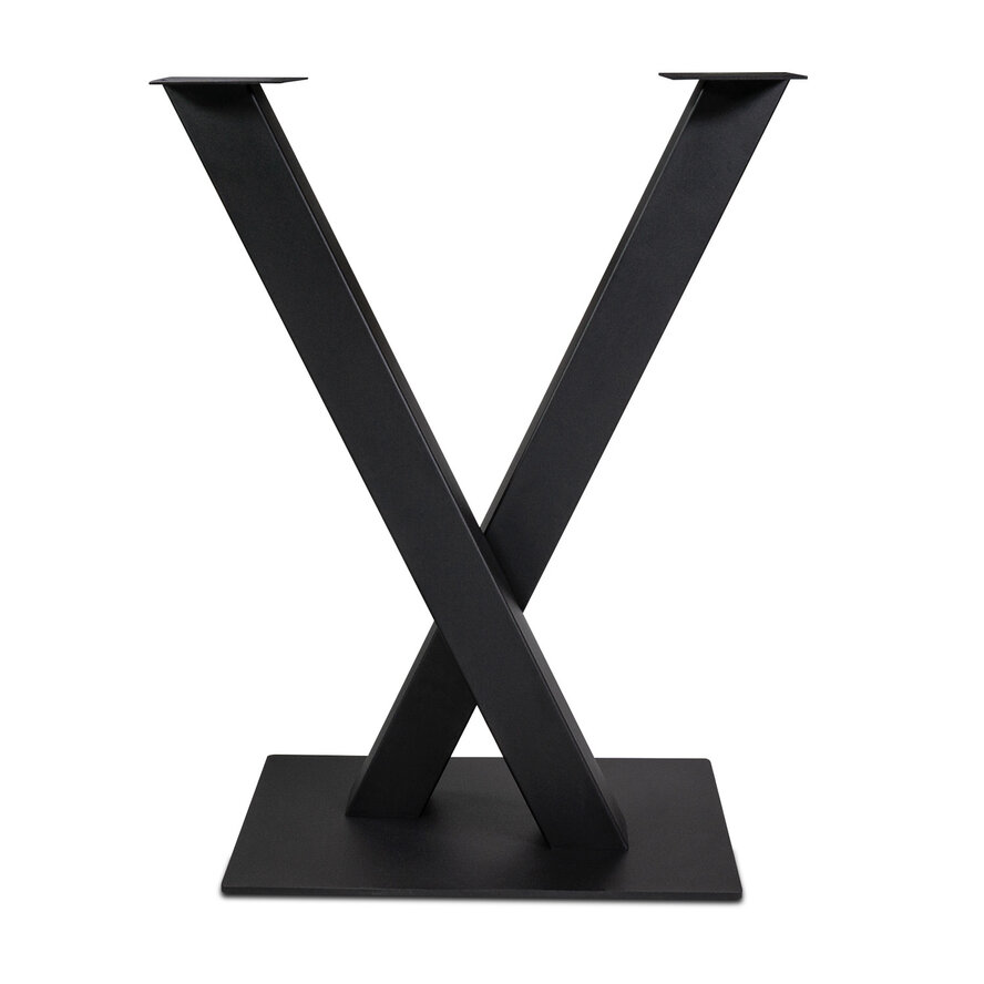 Stalen statafel onderstel V / X poot op voet - 3-DELIG met schroefbevestiging - 10x10 cm - 48x82 cm (bovenzijde) - 100 cm hoog - 45x70 cm (voet)plaatafmeting - Zwart gepoedercoat Stalen statafel onderstel V / X poot op voet - 3-DELIG met schroefbevestiging - 10x10 cm - 48x82 cm (bovenzijde) - 100 cm hoog - 45x70 cm (voet)plaatafmeting - Zwart gepoedercoat