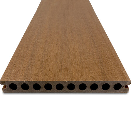 Composiet vlonderplank - hol (niet massief) - teak look - 23x210 mm - 1 zijde geschaafd / 1 zijde geborsteld (optiek) - terrasplank met blinde bevestiging - houtcomposiet