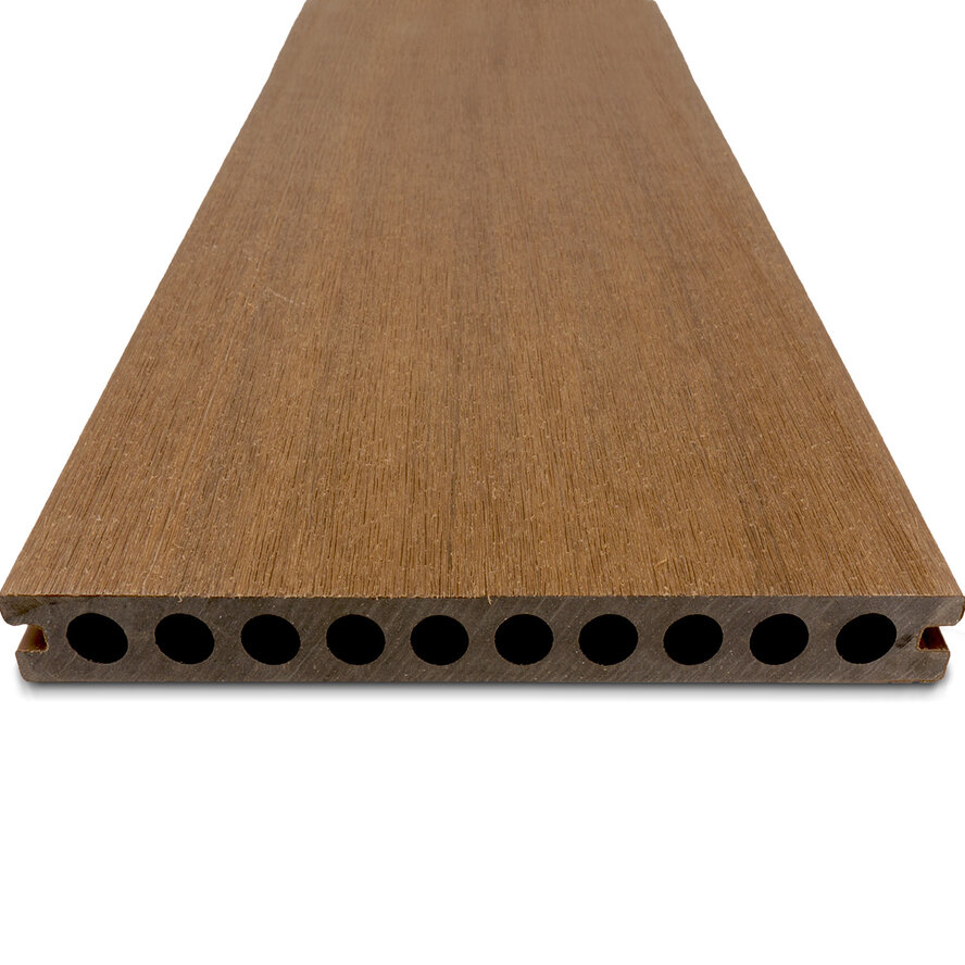 Composiet vlonderplank - hol (niet massief) - teak look - 23x210 mm - 1 zijde geschaafd / 1 zijde geborsteld (optiek) - terrasplank met blinde bevestiging - houtcomposiet Composiet vlonderplank - hol (niet massief) - teak look - 23x210 mm - 1 zijde geschaafd / 1 zijde geborsteld (optiek) - terrasplank met blinde bevestiging - houtcomposiet