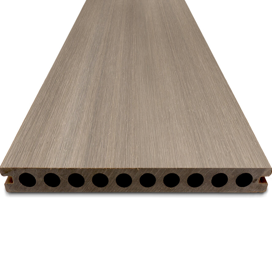 Composiet vlonderplank - hol (niet massief) - vergrijsd hout look - 23x210 mm - 1 zijde geschaafd / 1 zijde geborsteld (optiek) - terrasplank met blinde bevestiging - houtcomposiet Composiet vlonderplank - hol (niet massief) - vergrijsd hout look - 23x210 mm - 1 zijde geschaafd / 1 zijde geborsteld (optiek) - terrasplank met blinde bevestiging - houtcomposiet