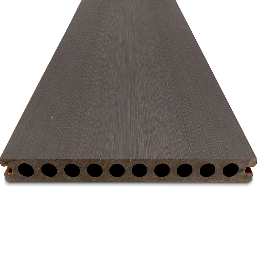 Composiet vlonderplank - hol (niet massief) - antraciet look - 23x210 mm - 1 zijde geschaafd / 1 zijde geborsteld (optiek) - terrasplank met blinde bevestiging - houtcomposiet Composiet vlonderplank - hol (niet massief) - antraciet look - 23x210 mm - 1 zijde geschaafd / 1 zijde geborsteld (optiek) - terrasplank met blinde bevestiging - houtcomposiet