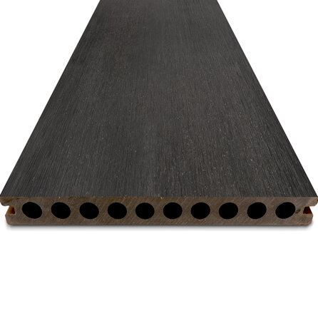 Composiet vlonderplank - hol (niet massief) - zwart ebben look - 23x210 mm - 1 zijde geschaafd / 1 zijde geborsteld (optiek) - terrasplank met blinde bevestiging - houtcomposiet