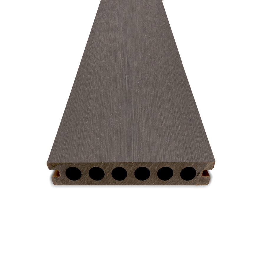 Composiet vlonderplank - hol (niet massief) - antraciet look - 23x138 mm - 1 zijde geschaafd / 1 zijde geborsteld (optiek) - terrasplank met blinde bevestiging - houtcomposiet Composiet vlonderplank - hol (niet massief) - antraciet look - 23x138 mm - 1 zijde geschaafd / 1 zijde geborsteld (optiek) - terrasplank met blinde bevestiging - houtcomposiet