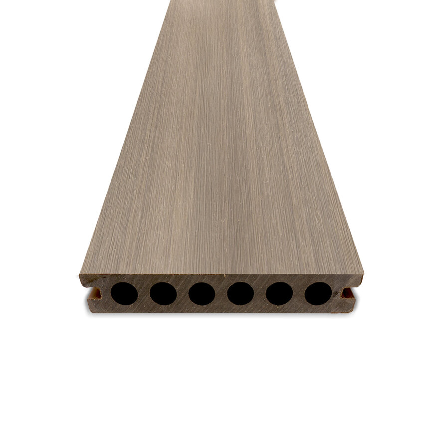 Composiet vlonderplank - hol (niet massief) - vergrijsd hout look - 23x138 mm - 1 zijde geschaafd / 1 zijde geborsteld (optiek) - terrasplank met blinde bevestiging - houtcomposiet Composiet vlonderplank - hol (niet massief) - vergrijsd hout look - 23x138 mm - 1 zijde geschaafd / 1 zijde geborsteld (optiek) - terrasplank met blinde bevestiging - houtcomposiet