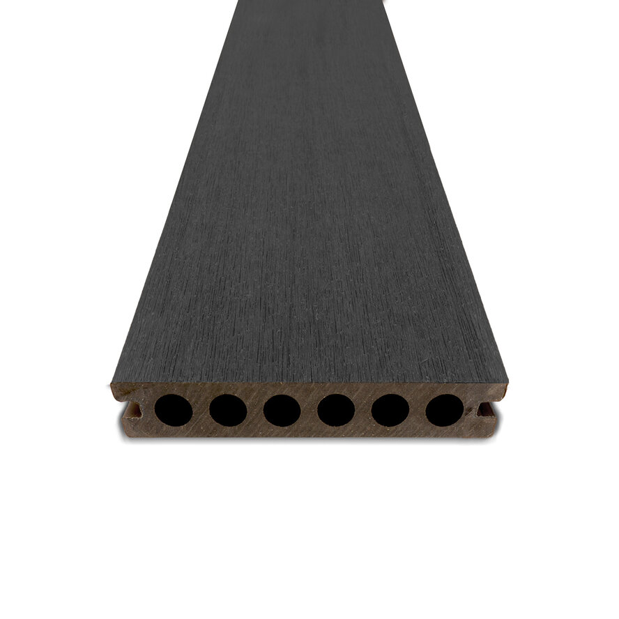 Composiet vlonderplank - hol (niet massief) - zwart ebben look - 23x138 mm - 1 zijde geschaafd / 1 zijde geborsteld (optiek) - terrasplank met blinde bevestiging - houtcomposiet Composiet vlonderplank - hol (niet massief) - zwart ebben look - 23x138 mm - 1 zijde geschaafd / 1 zijde geborsteld (optiek) - terrasplank met blinde bevestiging - houtcomposiet