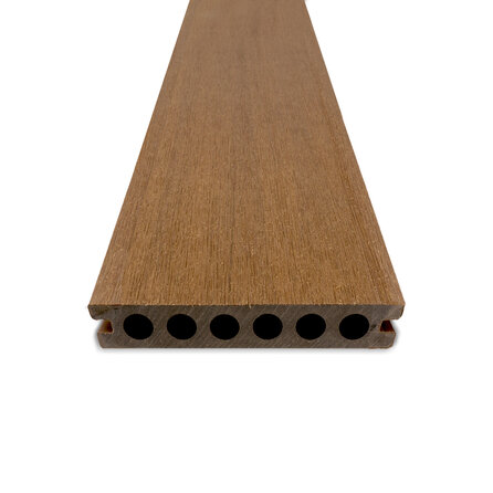 Composiet vlonderplank - hol (niet massief) - teak look - 23x138 mm - 1 zijde geschaafd / 1 zijde geborsteld (optiek) - terrasplank met blinde bevestiging - houtcomposiet