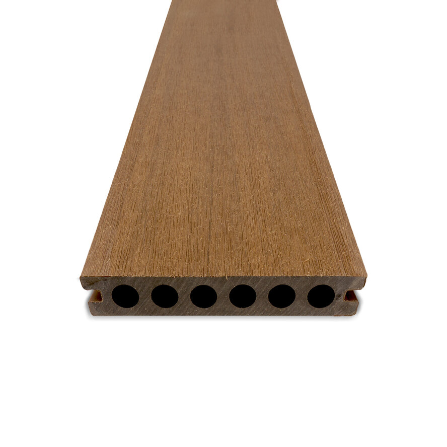 Composiet vlonderplank - hol (niet massief) - teak look - 23x138 mm - 1 zijde geschaafd / 1 zijde geborsteld (optiek) - terrasplank met blinde bevestiging - houtcomposiet Composiet vlonderplank - hol (niet massief) - teak look - 23x138 mm - 1 zijde geschaafd / 1 zijde geborsteld (optiek) - terrasplank met blinde bevestiging - houtcomposiet