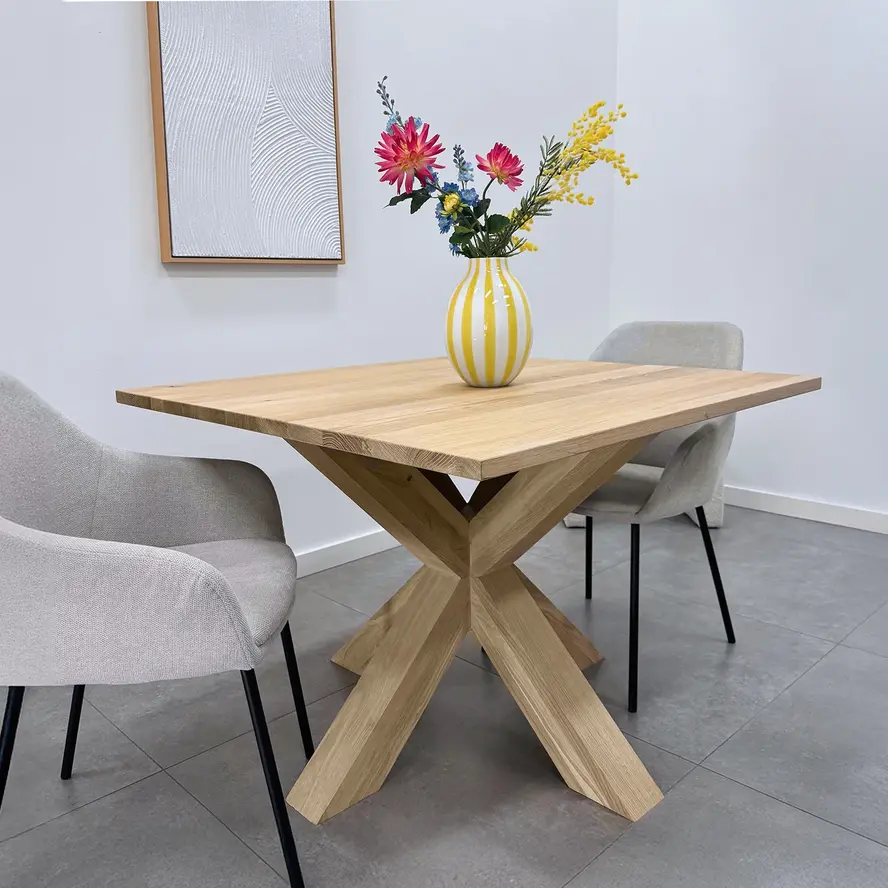 Eiken dubbele kruispoot 10x10 cm - 72 cm hoog - 90x90 cm - Rustiek licht geborsteld - Dubbele X tafelpoot - 12% KD Europees eikenhout Eiken dubbele kruispoot 10x10 cm - 72 cm hoog - 90x90 cm - Rustiek licht geborsteld - Dubbele X tafelpoot - 12% KD Europees eikenhout