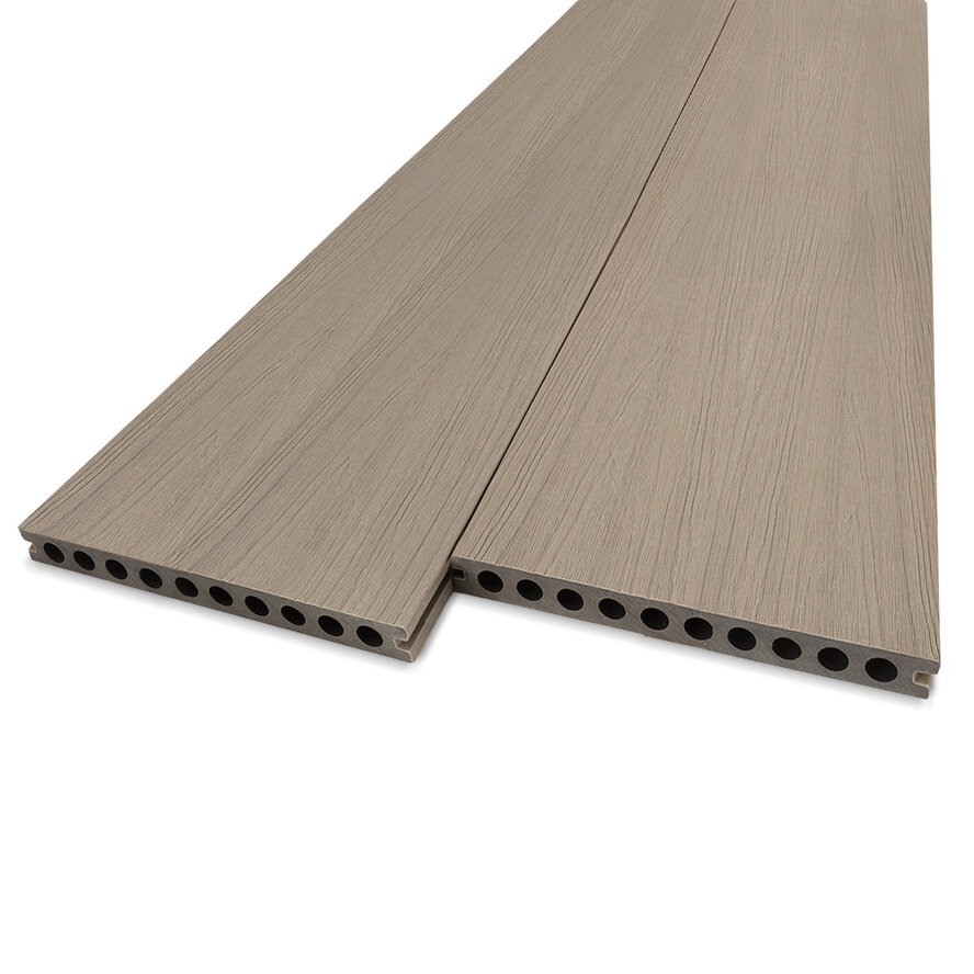 Composiet vlonderplank - hol (niet massief) - vergrijsd hout look - 23x210 mm - 1 zijde geschaafd / 1 zijde geborsteld (optiek) - terrasplank met blinde bevestiging - houtcomposiet Composiet vlonderplank - hol (niet massief) - vergrijsd hout look - 23x210 mm - 1 zijde geschaafd / 1 zijde geborsteld (optiek) - terrasplank met blinde bevestiging - houtcomposiet
