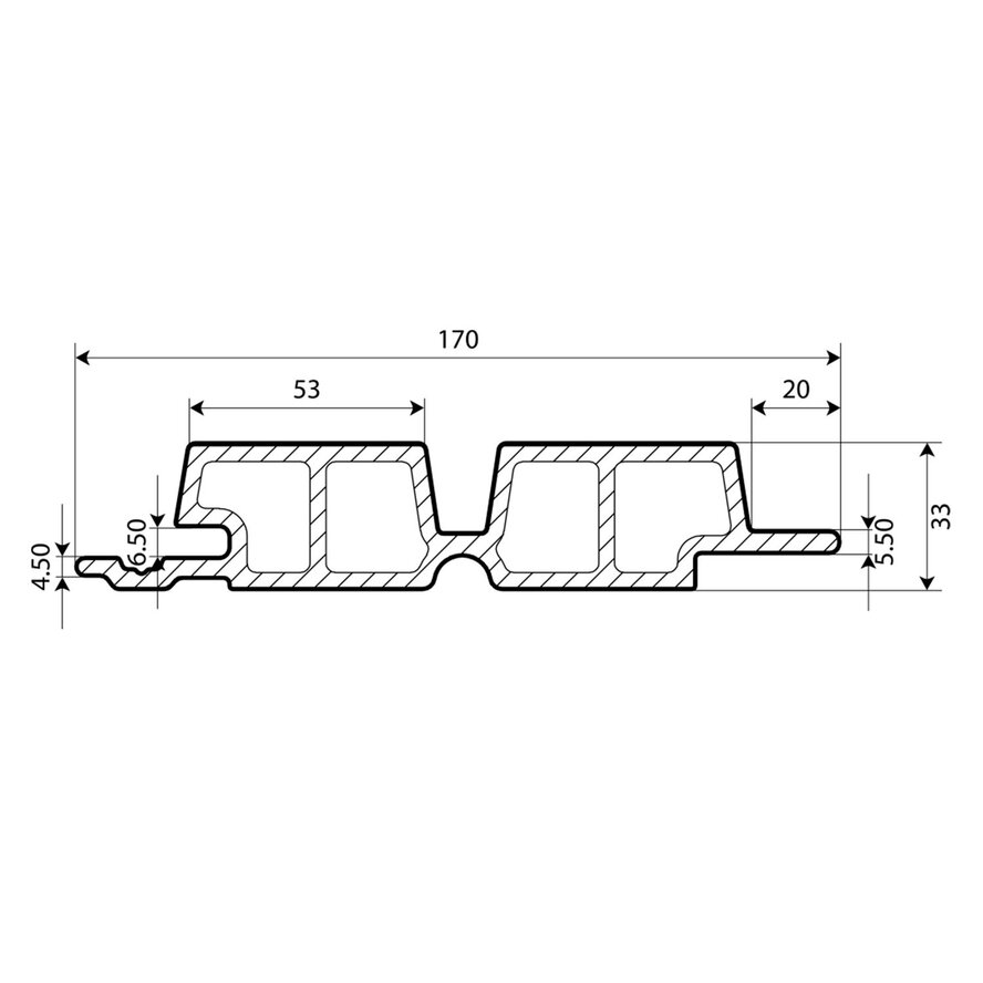 Composiet dubbel blokprofiel (hol) - zwart ebben look - 33x140 mm - blokprofiel - houtcomposiet Composiet dubbel blokprofiel (hol) - zwart ebben look - 33x140 mm - blokprofiel - houtcomposiet