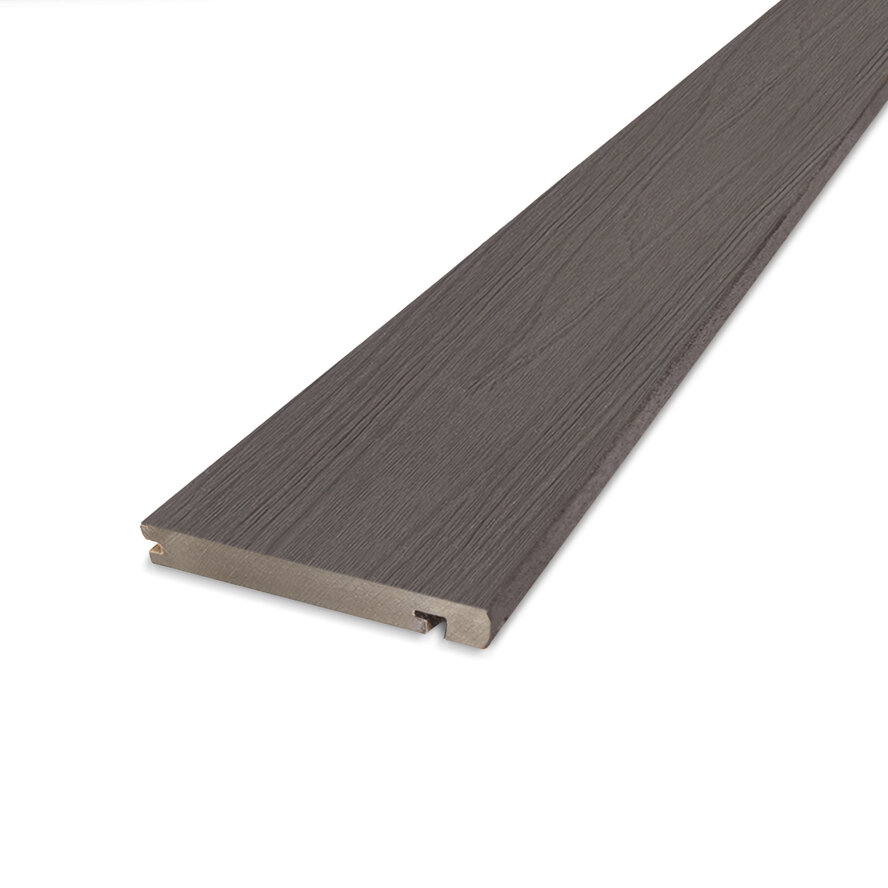 Composiet randplank - antraciet look - 23x138 mm - geborsteld (optiek) - eindplank / dekrandplank met blinde bevestiging - houtcomposiet Composiet randplank - antraciet look - 23x138 mm - geborsteld (optiek) - eindplank / dekrandplank met blinde bevestiging - houtcomposiet