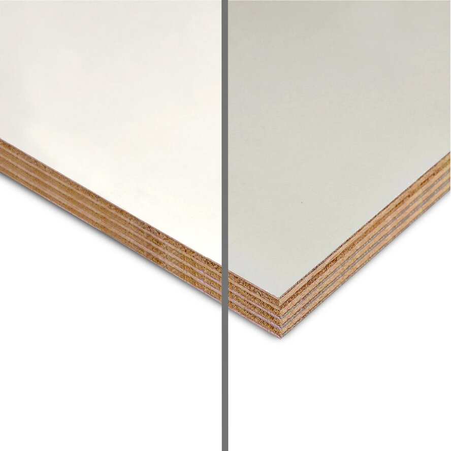 Wit / grijs okoume multiplex - 18 mm dik - hardhout multiplex plaat - wit / grijs gegrond - Paintpanel - garantieplaat 15 jaar Wit / grijs okoume multiplex - 18 mm dik - hardhout multiplex plaat - wit / grijs gegrond - Paintpanel - garantieplaat 15 jaar