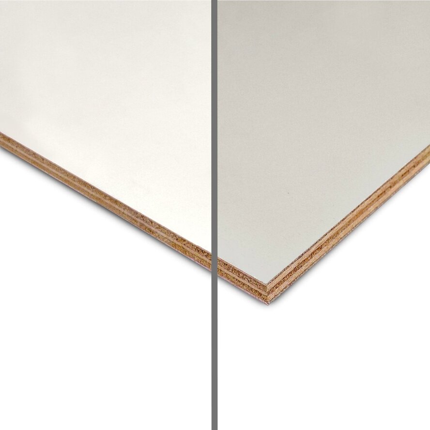 Wit / grijs okoume multiplex - 12 mm dik - hardhout multiplex plaat - wit / grijs gegrond - Multipaint - garantieplaat 30 jaar Wit / grijs okoume multiplex - 12 mm dik - hardhout multiplex plaat - wit / grijs gegrond - Multipaint - garantieplaat 30 jaar