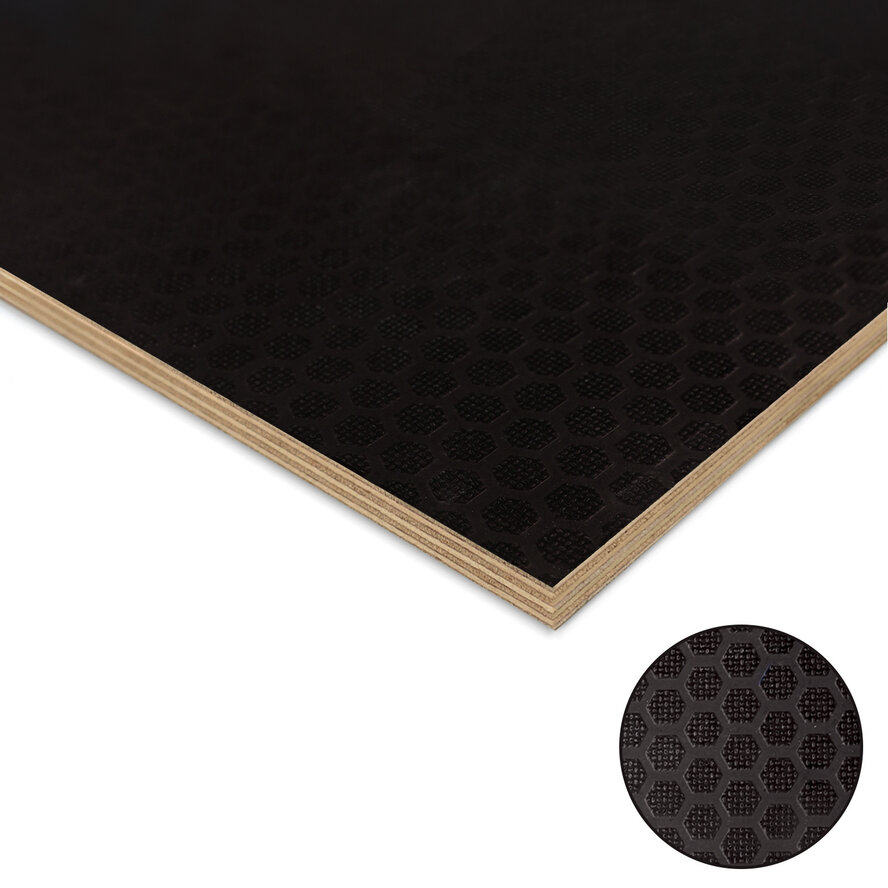 Zwartbruin berken betonplex - antislip hexa - 9 mm dik - berken betontriplex plaat - Fortodeck Zwartbruin berken betonplex - antislip hexa - 9 mm dik - berken betontriplex plaat - Fortodeck