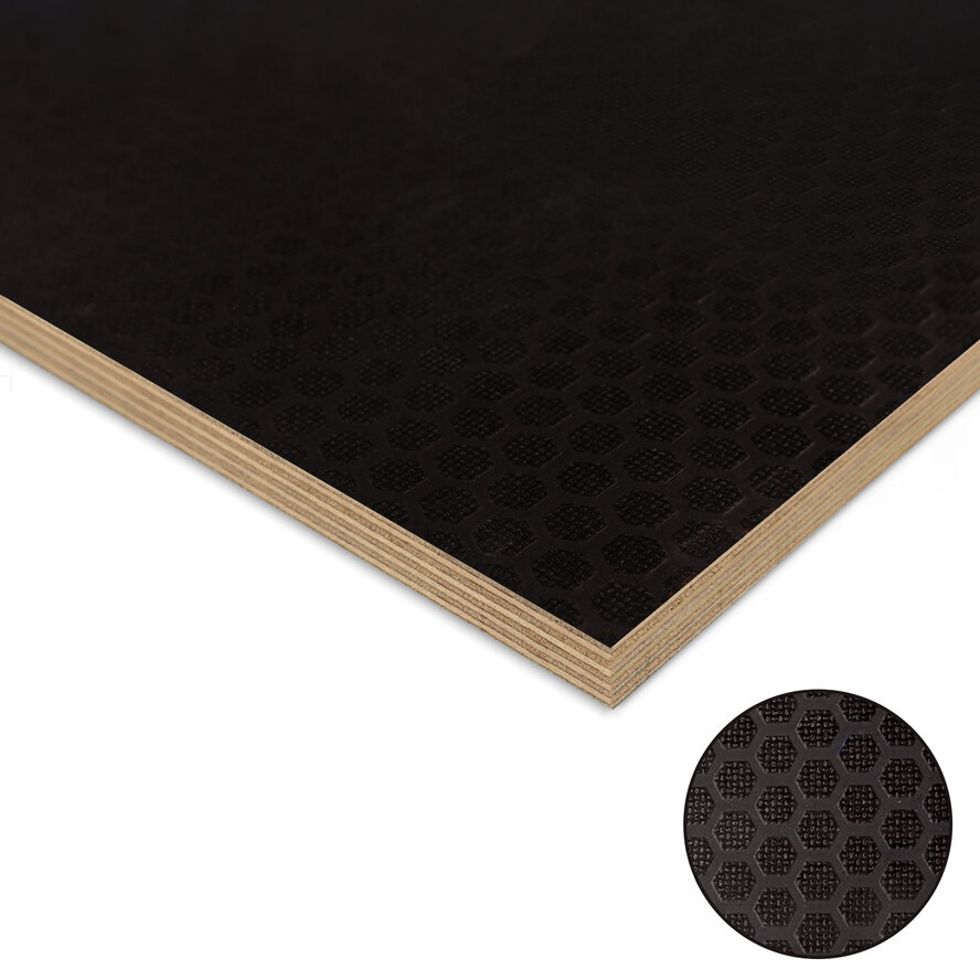 Zwartbruin berken betonplex - antislip hexa - 12 mm dik - berken betontriplex plaat - Fortodeck Zwartbruin berken betonplex - antislip hexa - 12 mm dik - berken betontriplex plaat - Fortodeck