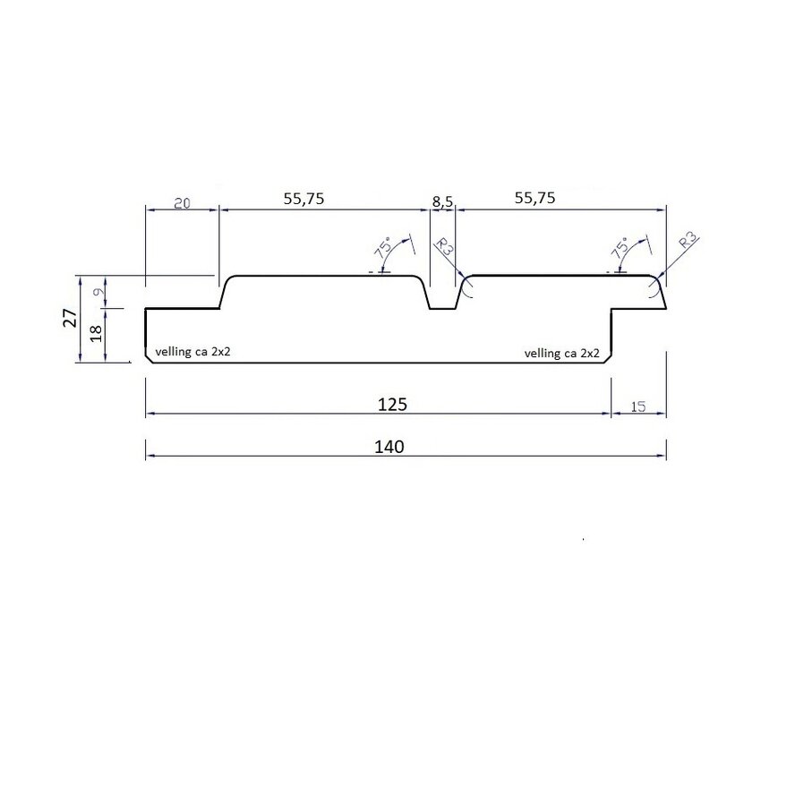 Douglas dubbel blokprofiel (50/50) - 27x130 mm - geschaafd - dubbel rhombusprofiel - douglashout KD 18-20% Douglas dubbel blokprofiel (50/50) - 27x130 mm - geschaafd - dubbel rhombusprofiel - douglashout KD 18-20%